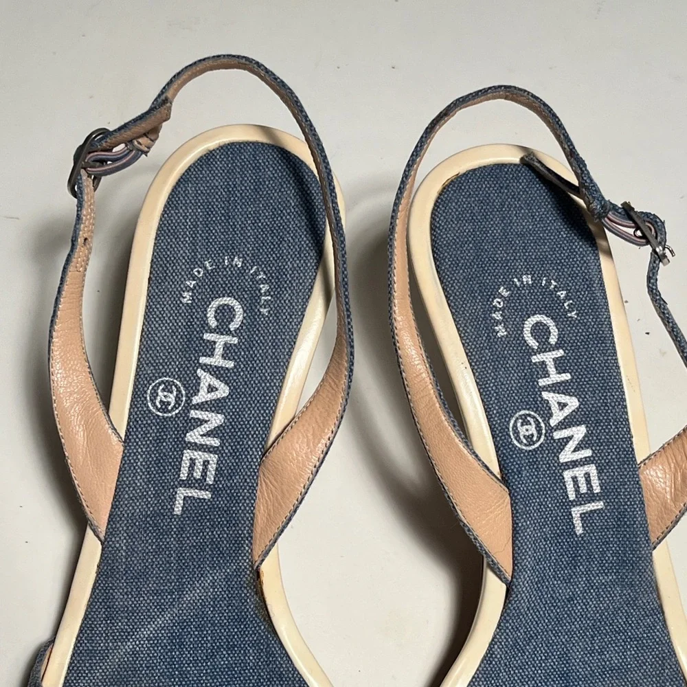 CHANEL Denim and Beige Star Sandals